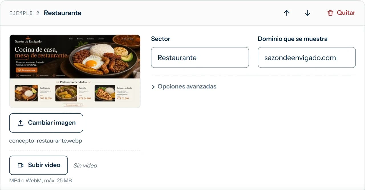 Panel de administración donde se cambian textos, fotos y videos